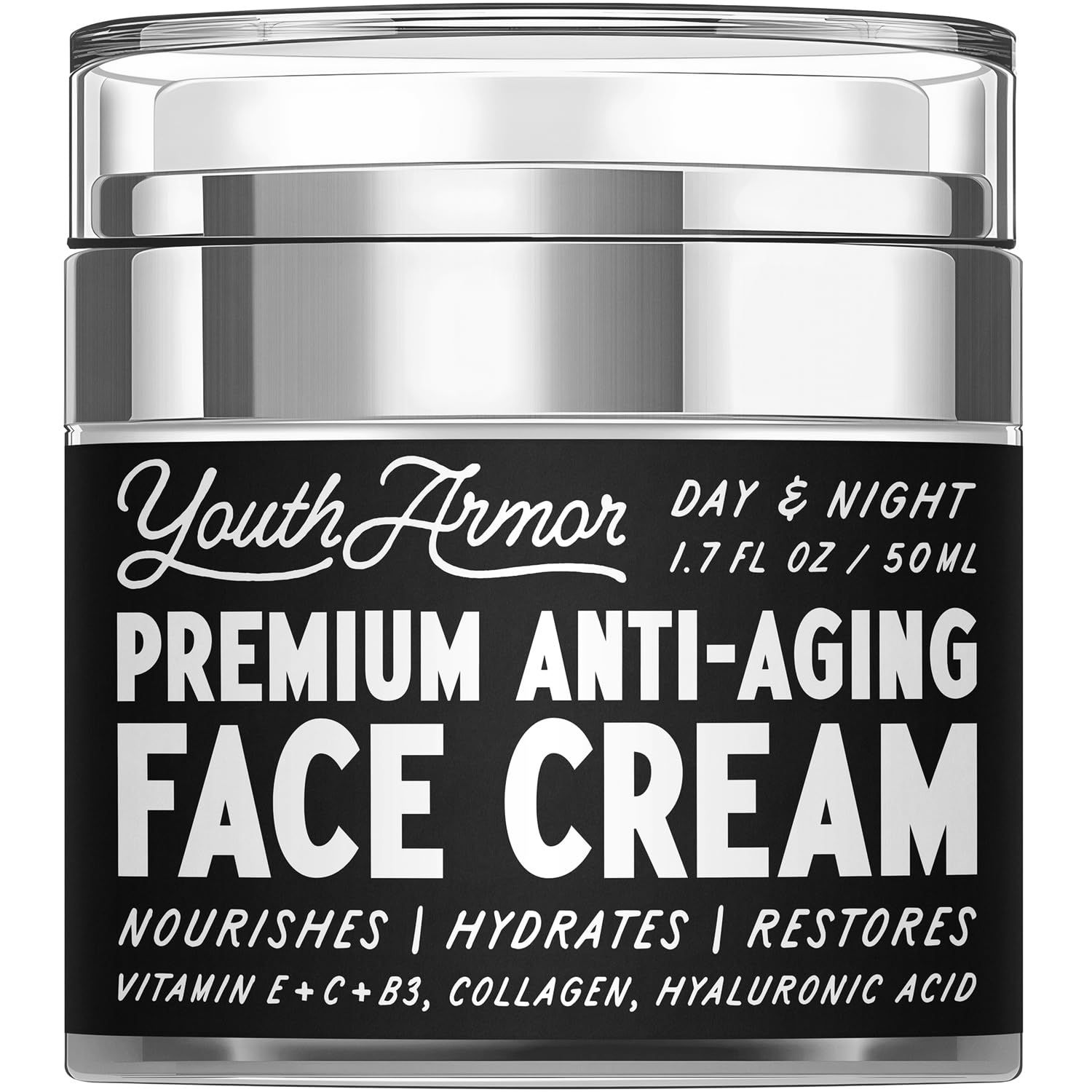 Youth Armor Premium Anti-Aging Face Cream Nourishes, Hydrates, Restores Vitamin E C B3, Collagen, Hyaluronic Acid Day Night Moisturizer for Dry Skin to Reduce Wrinkles 1.7 oz