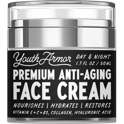 Youth Armor Premium Anti-Aging Face Cream Nourishes, Hydrates, Restores Vitamin E C B3, Collagen, Hyaluronic Acid Day Night Moisturizer for Dry Skin to Reduce Wrinkles 1.7 oz