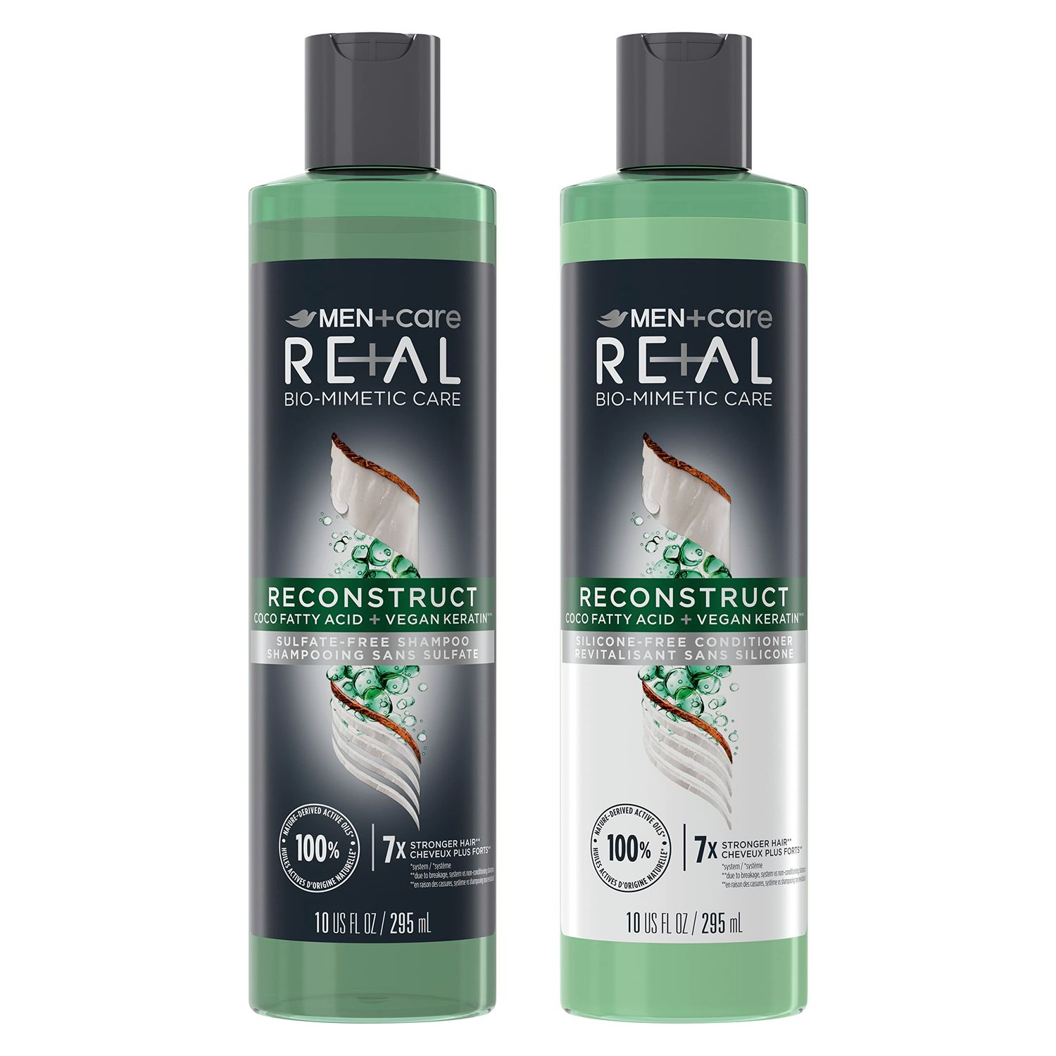 DOVE MEN CARE Real Bio-Mimetic Care Shampoo Conditioner Reconstruct 2 Count For Damaged Hair Sulfate Free Shampoo Silicone-Free Conditioner with Coco Fatty Acid Vegan Keratin 10 Oz