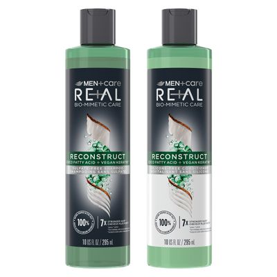 DOVE MEN CARE Real Bio-Mimetic Care Shampoo Conditioner Reconstruct 2 Count For Damaged Hair Sulfate Free Shampoo Silicone-Free Conditioner with Coco Fatty Acid Vegan Keratin 10 Oz