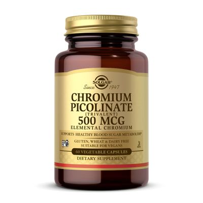 Solgar Chromium Picolinate 500 mcg - 60 Vegetable Capsules - Supports Sugar, Fat Protein Metabolism - Non-GMO, Gluten Free, Kosher - 30 Servings