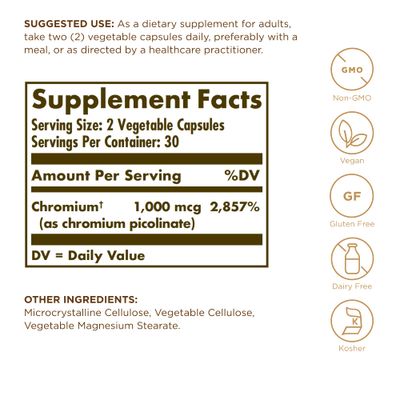 Solgar Chromium Picolinate 500 mcg - 60 Vegetable Capsules - Supports Sugar, Fat Protein Metabolism - Non-GMO, Gluten Free, Kosher - 30 Servings