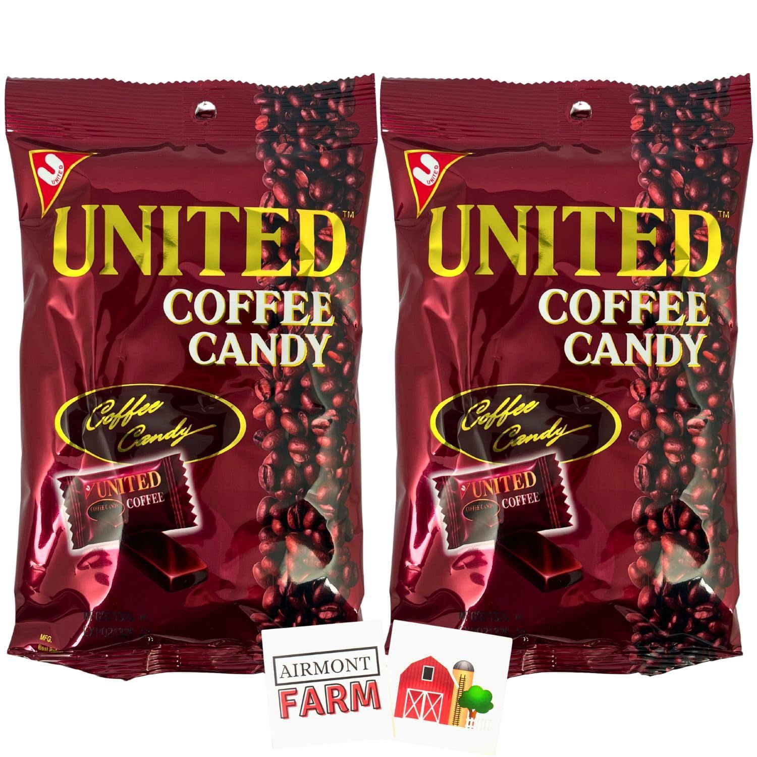 United Coffee Candy 2 Pack with 2 Airmont Farm Stickers - 4.94oz (140g) bags - Hard Candy - Individually wrapped