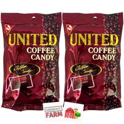 United Coffee Candy 2 Pack with 2 Airmont Farm Stickers - 4.94oz (140g) bags - Hard Candy - Individually wrapped