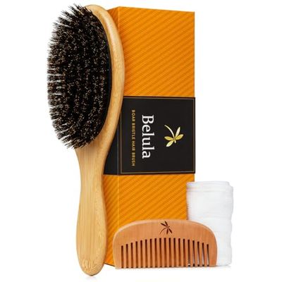 Belula 100 Boar Bristle Hair Brush Set (Medium). Soft Natural Bristles for Thin and Fine Hair. Restore Shine And Texture. Wooden Comb, Travel Bag and Spa Headband Included!