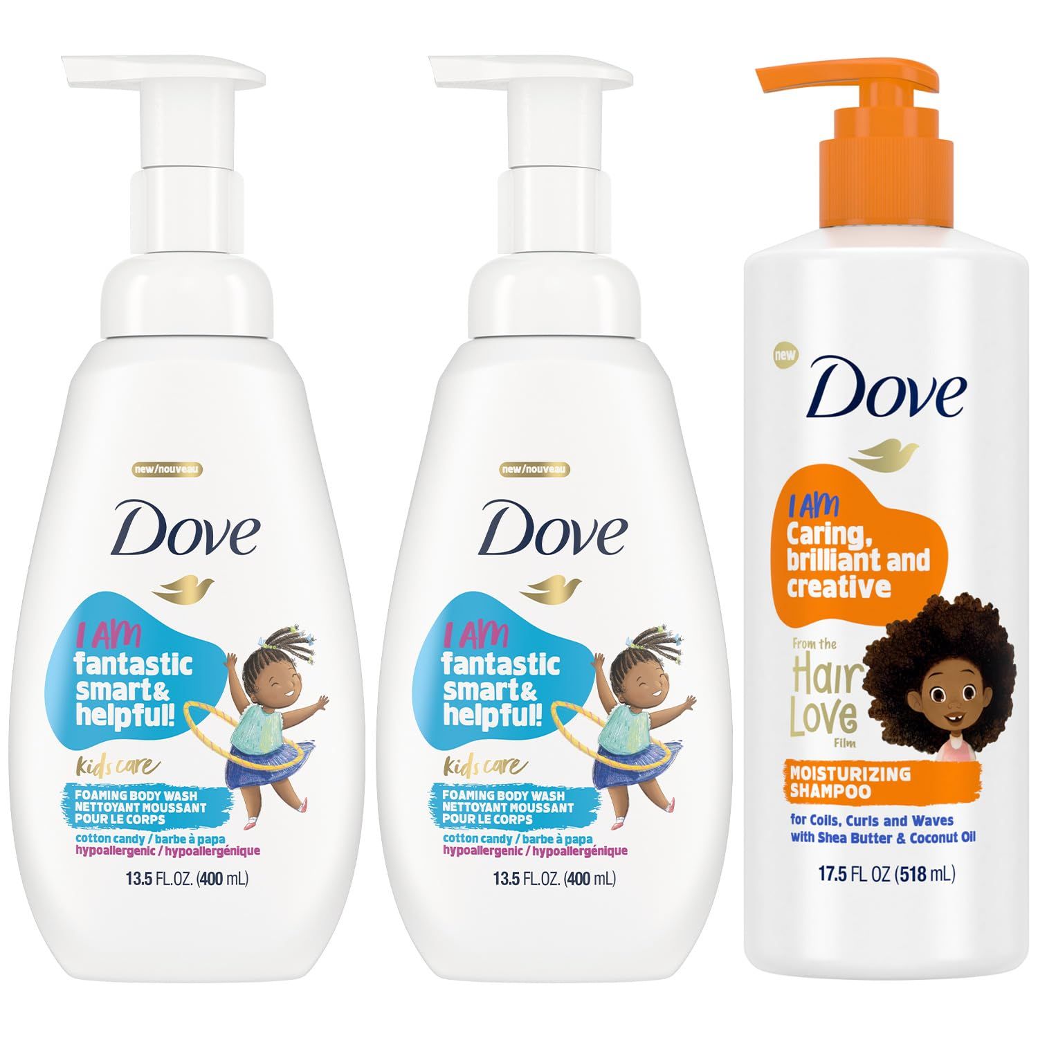 Dove Kids Care Body Wash 2-Pack Moisturizing Shampoo Bundle - Cotton Candy Foaming Cleanser Dove Shampoo with Shea Butter for Kids&#39; Curly Hair (3 Piece Set)