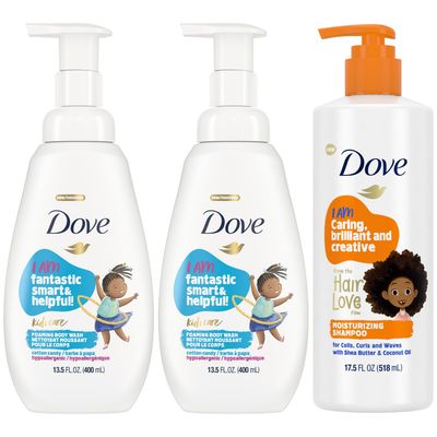 Dove Kids Care Body Wash 2-Pack Moisturizing Shampoo Bundle - Cotton Candy Foaming Cleanser Dove Shampoo with Shea Butter for Kids&#39; Curly Hair (3 Piece Set)