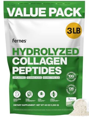 Fernes Hydrolyzed Collagen for Women Men (3LB) Type I III Flavorless Odorless Easy-Mix Powder Peptan Protein Peptides Joint Hair Skin Nail Support Gluten-Free Non-GMO Keto Paleo Grass-Fed Kosher