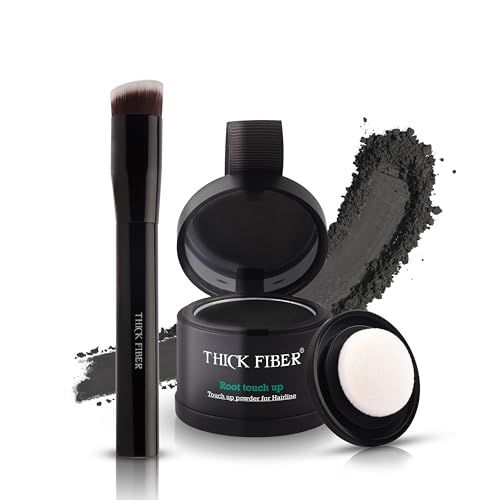 THICK FIBER Root Touch Up Powder - Water Sweat Resistant Hair Loss Concealer Set for Thinning Hair Women, Includes Brush (Black)