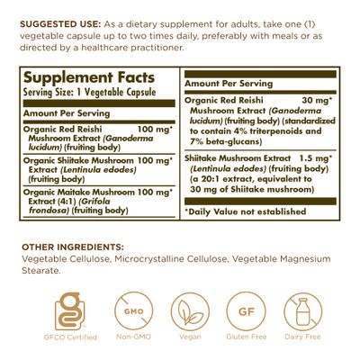SOLGAR Reishi Shiitake Maitake - 50 Vegetable Capsules - Mushroom Extract - Non-GMO, Vegan, Gluten Free - 50 Servings