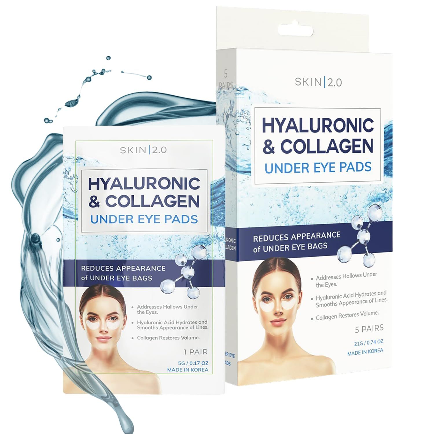 Skin 2.0 Hyaluronic Acid and Collagen Under Eye Patches - Anti-aging, Reduces Eye Bags Wrinkles, Firming Hydrating Eye Pads - Cruelty Free Korean Skin Care - All Skin Types - 5 Pairs