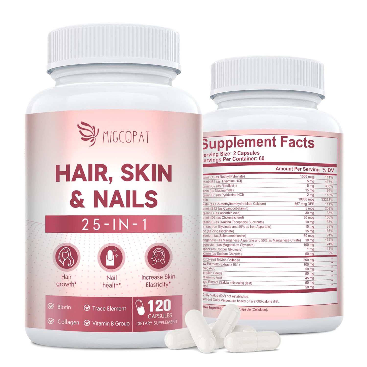 Hair Skin and Nails Vitamins with Biotin, Collagen Hyaluronic Acid, Supports Healthy Hair Growth, Strong Nails Glowing Skin, Biotin Supplement with Vitamins A, C, D3, E, B Complex Minerals