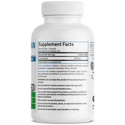 Bronson L-Tryptophan 500 MG High Potency Essential Amino Acid Supports Relaxation Positive Mood Support Non-GMO, 60 Capsules