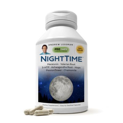ANDREW LESSMAN Night Time 30 Capsules - 3mg Melatonin, Valerian, Ashwagandha, Passionflower, Hops, Chamomile. No Morning Hangover. Natural Support, Gentle Restful Sleep. Easy to Swallow Capsules