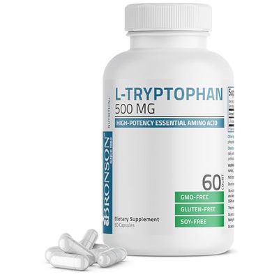 Bronson L-Tryptophan 500 MG High Potency Essential Amino Acid Supports Relaxation Positive Mood Support Non-GMO, 60 Capsules