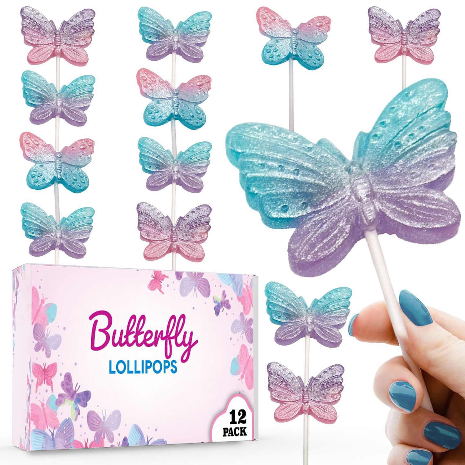 Butterfly Candy Lollipops - 12 Beautiful Ombre Suckers Individually Wrapped - Great for Butterfly Party Favors - Goodie Bags for Kids Birthday - Candy Bar