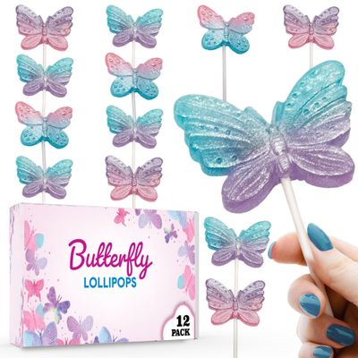Butterfly Candy Lollipops - 12 Beautiful Ombre Suckers Individually Wrapped - Great for Butterfly Party Favors - Goodie Bags for Kids Birthday - Candy Bar