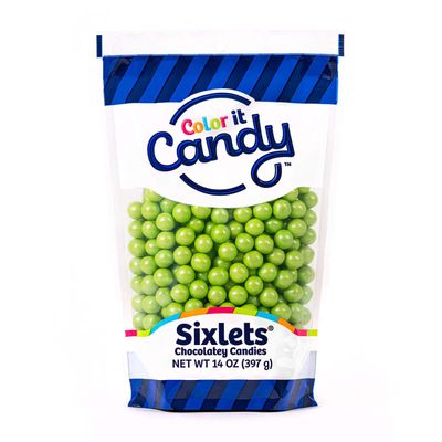 Color It Candy Shimmer Lime Green Sixlets 14 Oz Stand Up Bag - Perfect For Table Centerpieces, Weddings, Birthdays, Candy Buffets, Party Favors.