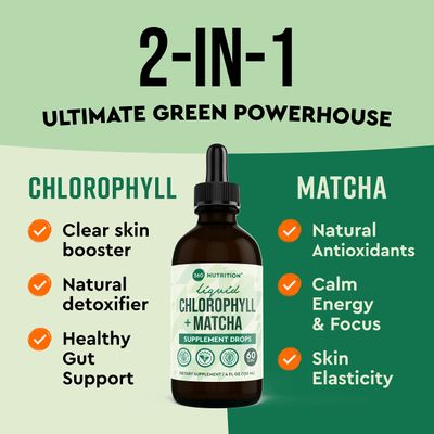 360 Nutrition Matcha Chlorophyll Liquid Drops with L-Theanine, Gluten Free Vegan Internal Deodorant Supplement, Supports Gut Health, Digestion, Energy, Radiant Skin, Fast Absorption, 60 Servings