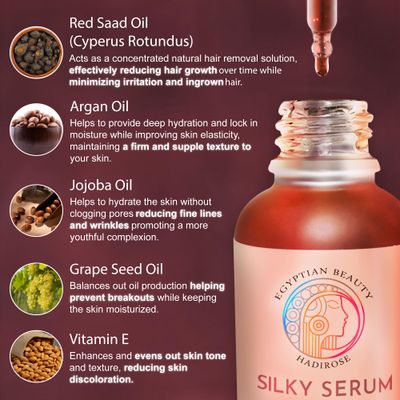 Silky Serum Unscented by Hadirose Pure Red Saad Oil (Cyperus Rotundus) Concentrated 100 Organic All Natural Permanent Hair Removal Hair Growth Inhibitor Natural Scent Made in the USA.