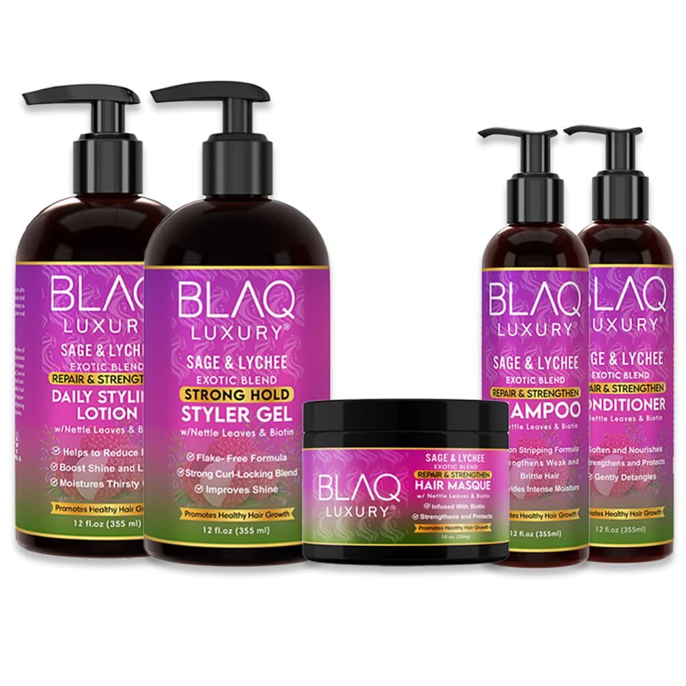 Blaq Luxury Sage Lychee Wash and Style Gift Bundle with Biotin and Nettle Strengthening Shampoo, Conditioner, Hair Masque, Daily Styling Lotion and Strong Hold Styler Gel