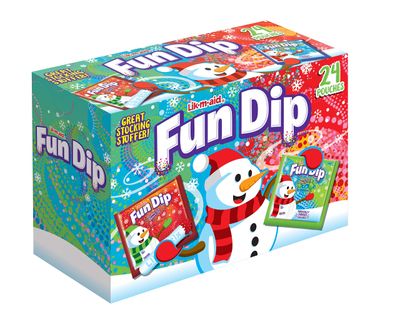 Lik-M-Aid (1) Box Fun Dip Holiday Edition - Cherry Yum Diddly and RazzApple Magic Flavors - 24pc Candy Stick Powder Pouches per Box - Net Wt. 10.32 oz