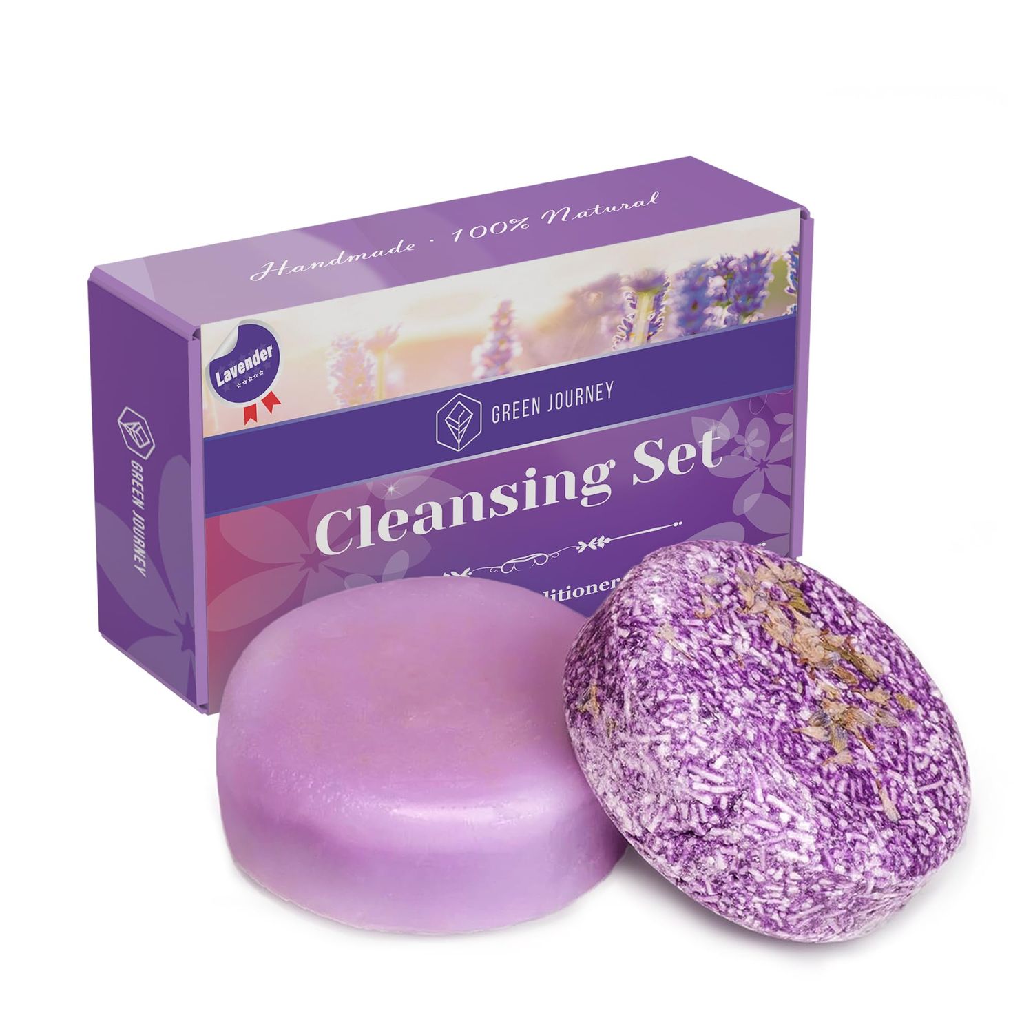 GREEN JOURNEY Shampoo Bars and Conditioner Set - Organic Ingredients, Sulfate Paraben Free, Hair Growth Boosting, Travel Size, Eco-friendly Biodegradable Packaging, Lavender Scent