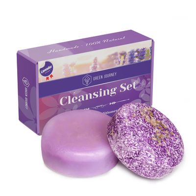 GREEN JOURNEY Shampoo Bars and Conditioner Set - Organic Ingredients, Sulfate Paraben Free, Hair Growth Boosting, Travel Size, Eco-friendly Biodegradable Packaging, Lavender Scent