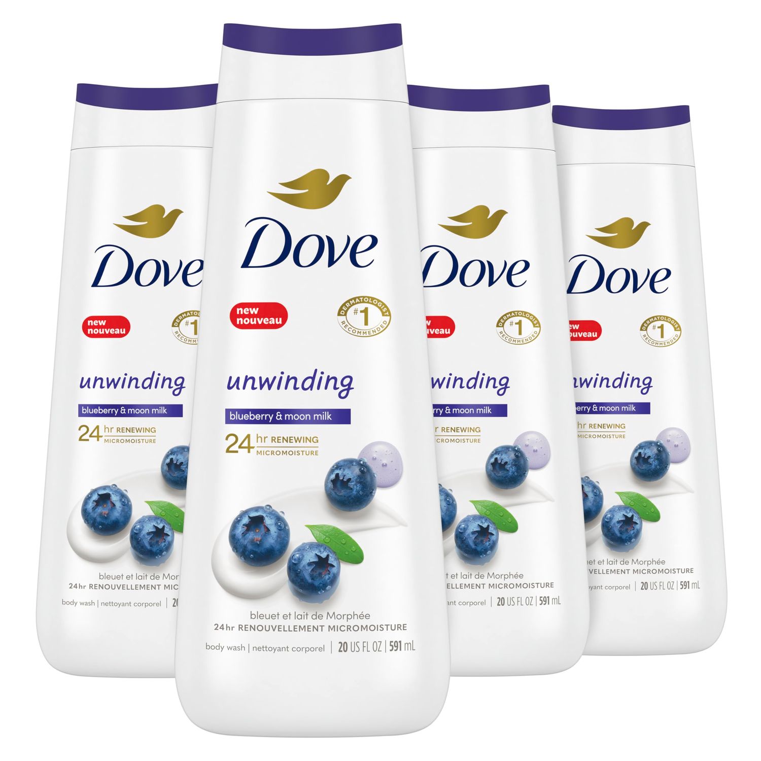 Dove Body Wash Unwinding Blueberry Moon Milk, 4 Count for Renewed, Healthy Looking Skin, Moisturizing Gentle Skin Cleanser with 24hr Renewing MicroMoisture, 20 oz