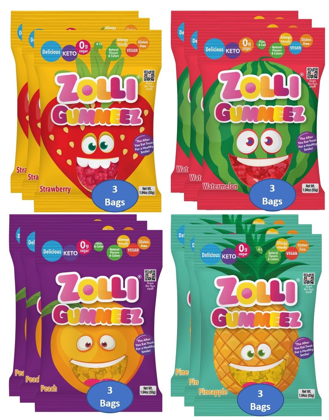 Zolli Gummies Variety Delicious Zero sugar Allergy free KETO Vegan Clean Teeth Candy 4 Flavors x 3 bags Total12 bags 1.94oz