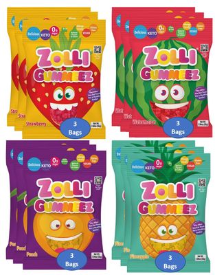 Zolli Gummies Variety Delicious Zero sugar Allergy free KETO Vegan Clean Teeth Candy 4 Flavors x 3 bags Total12 bags 1.94oz