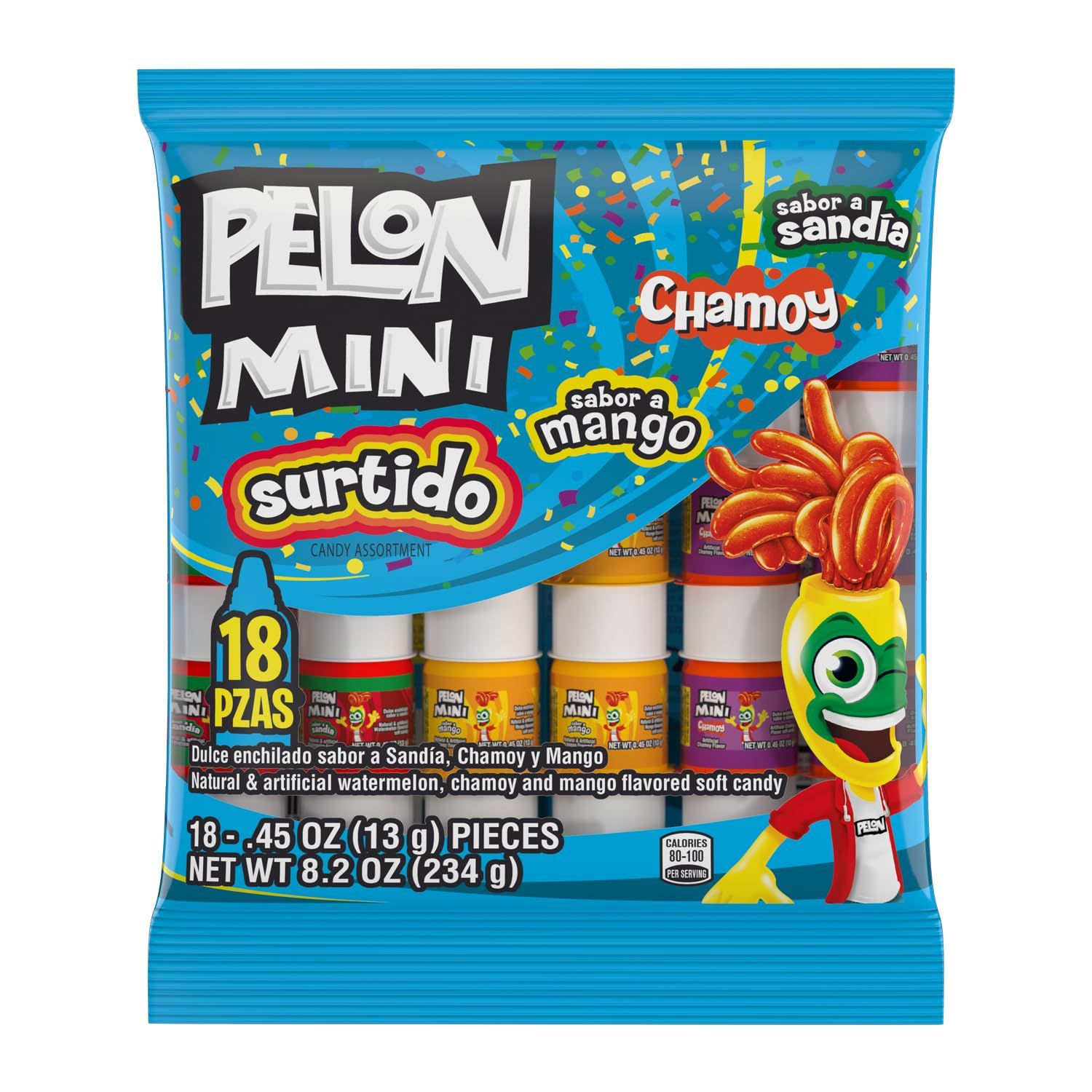 Pelon Pelo Rico Mini Assorted Watermelon, Mango, and Chamoy Candy, 0.45 oz (Pack of 18)