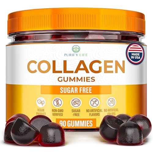 Sugar-Free Marine Collagen Gummies (90 Collagen Chews) Potent 500mg Collagen Gummy for Hair Growth, Healthier Skin Nails, Pore Reducer Elasticity Hydrolyzed, Gluten Free, Non-GMO, Orange Flavor