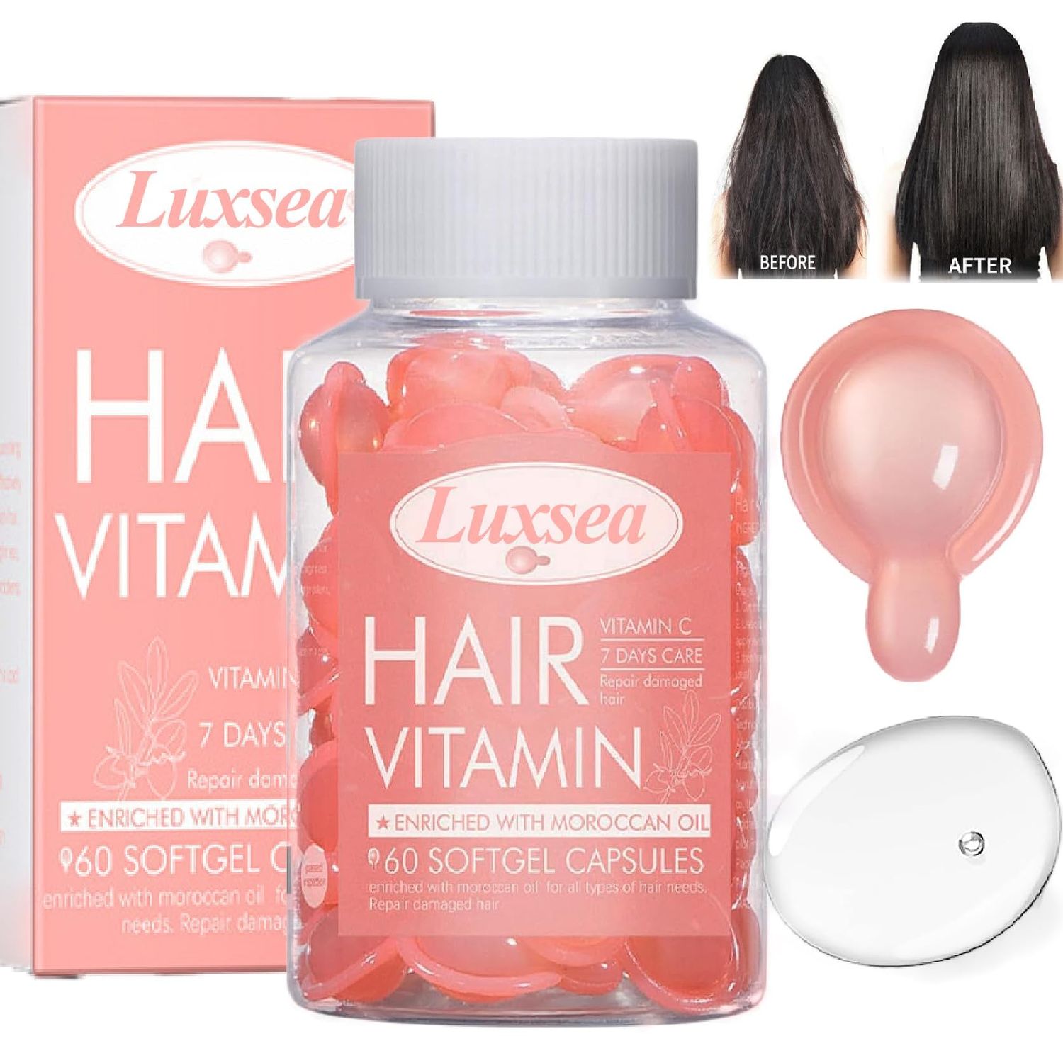 Luxsea Hair Oils Vitamin E Capsules, Treatment Serum Oil for Split Ends, Repair Essence for Dry Damaged Care, Healthier Smooth Silky Thicker Growth