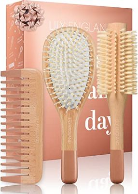 Wooden Hair Brush Set - Paddle Brush, Round Brush Comb, Hair Brushes with Soft Bristles, Hairbrushes for Women by Lily England (Rose Gold)