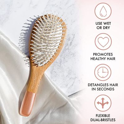 Wooden Hair Brush Set - Paddle Brush, Round Brush Comb, Hair Brushes with Soft Bristles, Hairbrushes for Women by Lily England (Rose Gold)