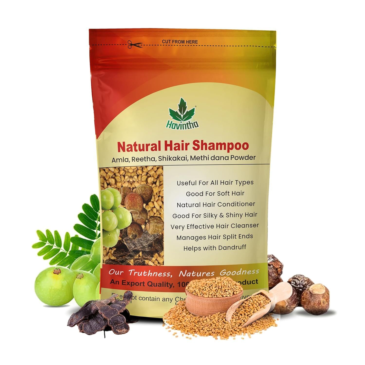 Havintha Natural Hair Shampoo with Amla, Reetha, Shikakai and Methi dana Powder for hair wash - 8 ounce 0.5 pound 227 grams (Pack of 1)