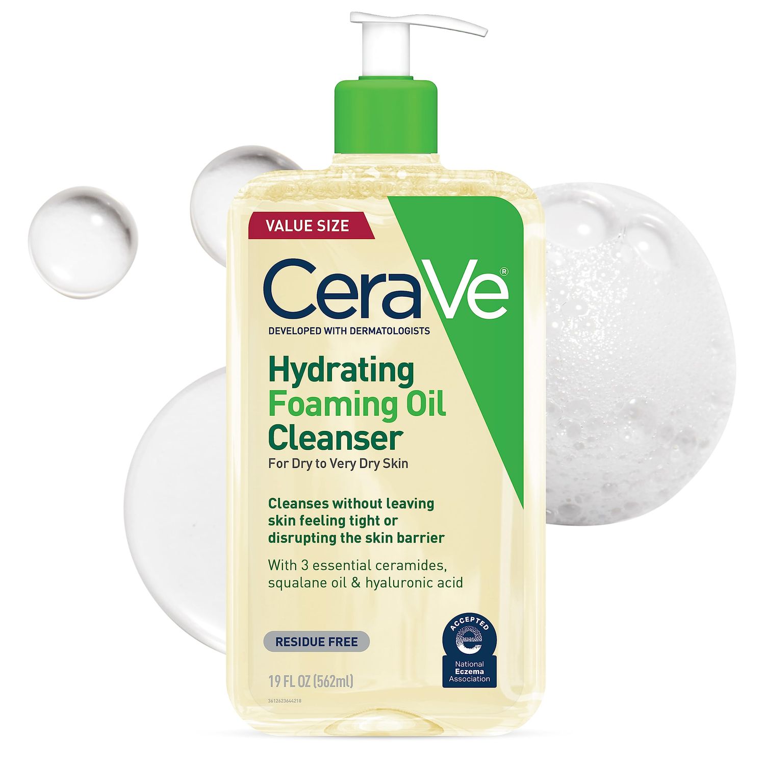 CeraVe Hydrating Foaming Oil Cleanser, Moisturizing Oil Cleanser for Face Body, Squalane Oil Hyaluronic Acid Ceramides, For Dry to Very Dry Skin, Fragrance Free Residue Free, 19 FL Oz