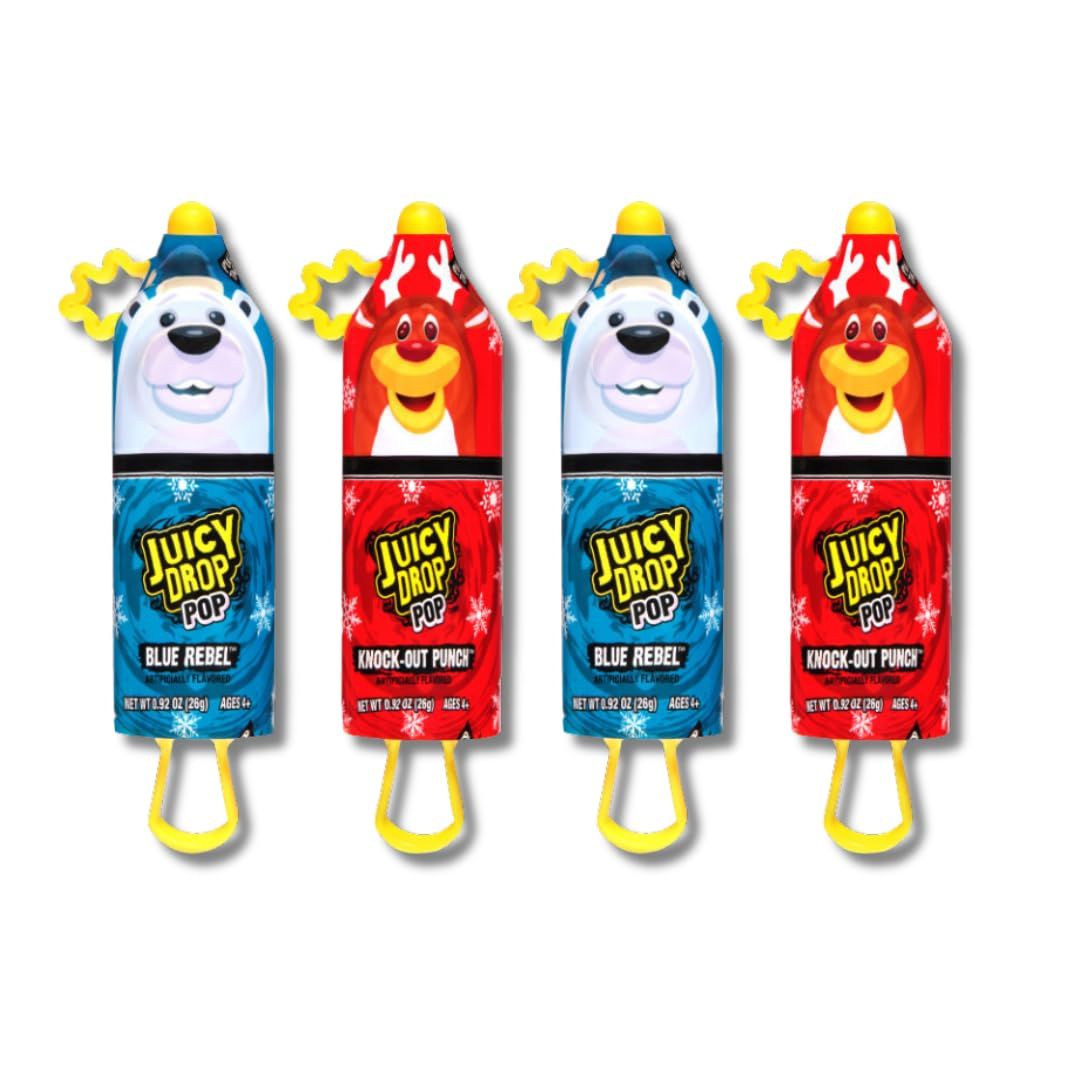 Winter Juicy Drop Pops - Polar Bear Reindeer Assortment - Sweet Sour Lollipops for Kids - Gift Pack of 4 By Lyza&#39;s Sweets Treats