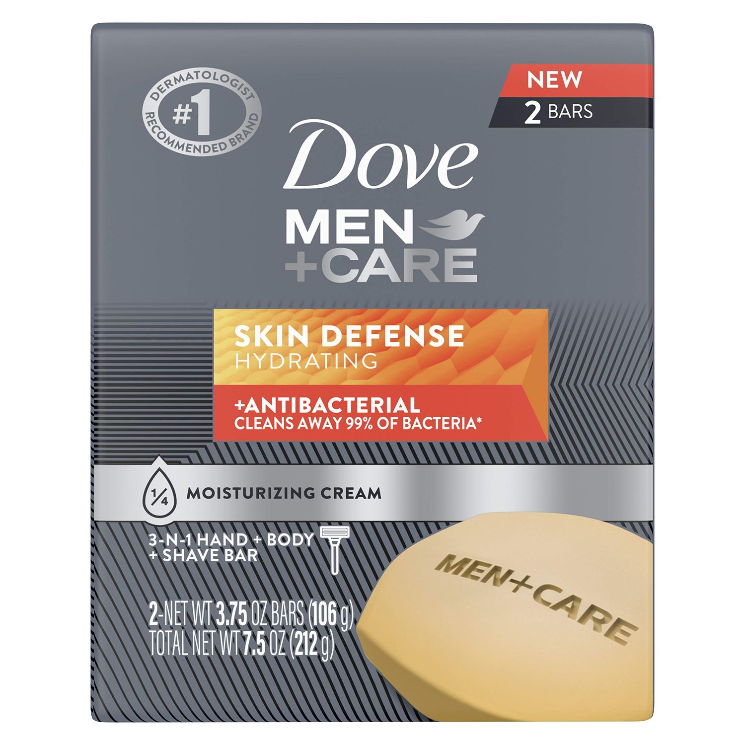 Dove MenCare Soap Bar For Smooth and Hydrated Skin Care Skin Defense Effectively Washes Away Bacteria While Nourishing Your Skin 3.75 oz, Cream, 2 Count