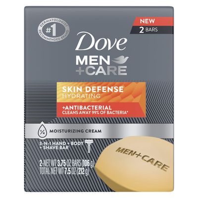 Dove MenCare Soap Bar For Smooth and Hydrated Skin Care Skin Defense Effectively Washes Away Bacteria While Nourishing Your Skin 3.75 oz, Cream, 2 Count
