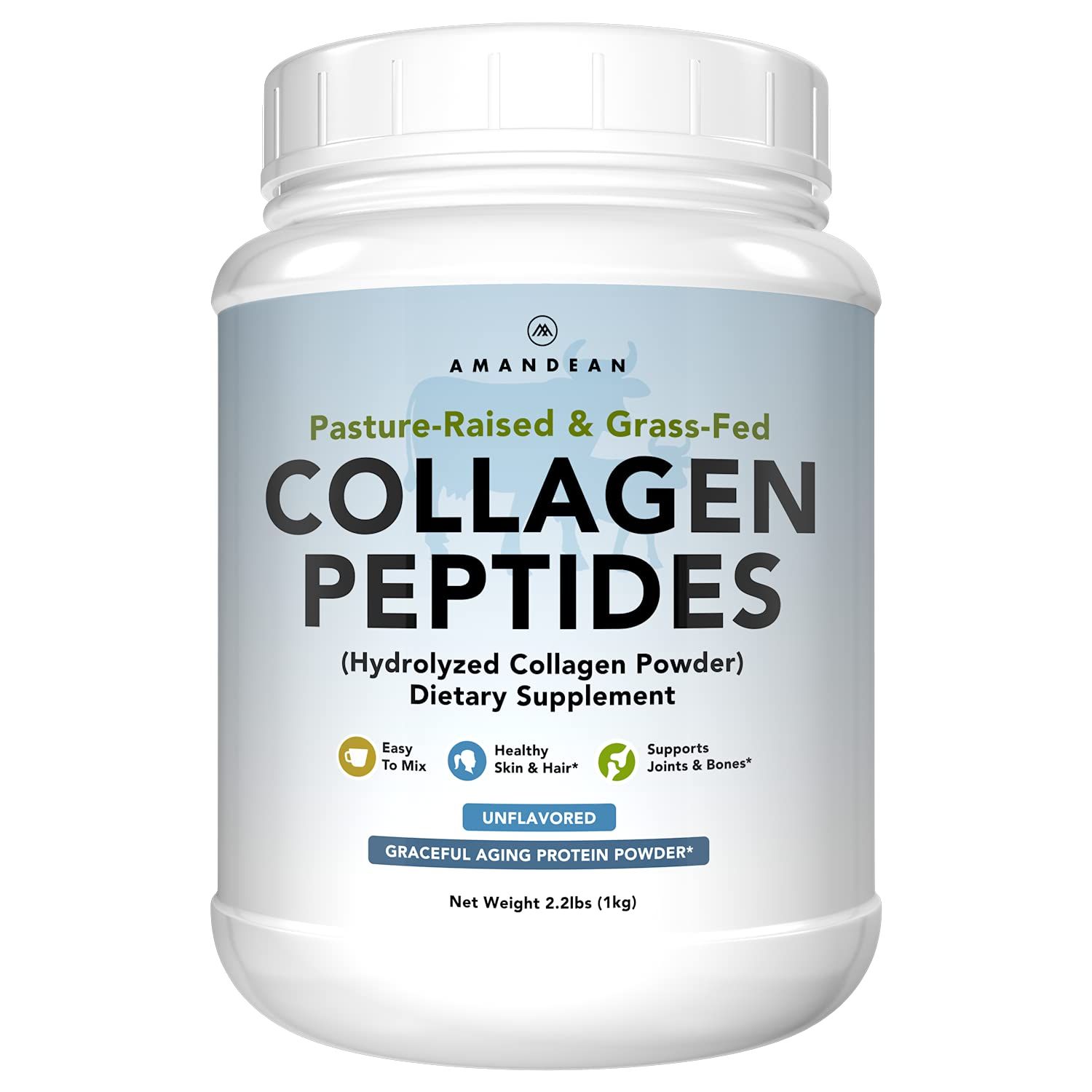 AMANDEAN Collagen Peptides Powder 1kg. Grass-Fed, Enzymatically Hydrolyzed, Type 1 3. Agglomerated, Easy to Mix, Unflavored, Non-GMO. Protein with 18 Amino Acids for Healthy Skin, Hair, Nails.