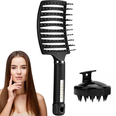 Hair Brush Wet Brush Curl brush Curved Vented plus Hair Scalp Massager(Shampoo Brush, Soft Silicone Bristles to Remove Dandruff) for Both Wet Dry Hair, MenWomen(Black)