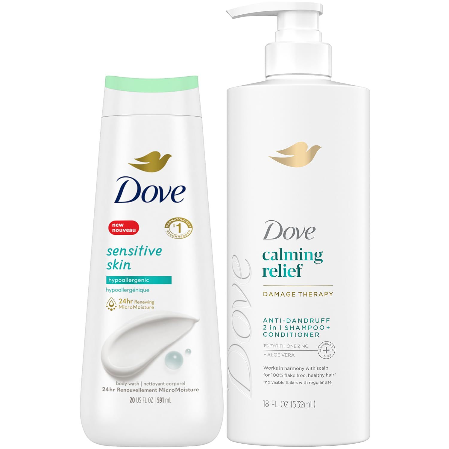 Dove Dandruff Shampoo Conditioner 2-in-1, DermaCare Calming Relief with Pyrithione Zinc Dove Body Wash for Sensitive Skin - Relief for Itchy Scalp and Dry Skin (2 Piece Set)