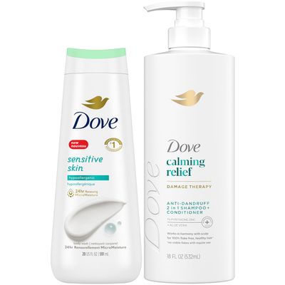 Dove Dandruff Shampoo Conditioner 2-in-1, DermaCare Calming Relief with Pyrithione Zinc Dove Body Wash for Sensitive Skin - Relief for Itchy Scalp and Dry Skin (2 Piece Set)