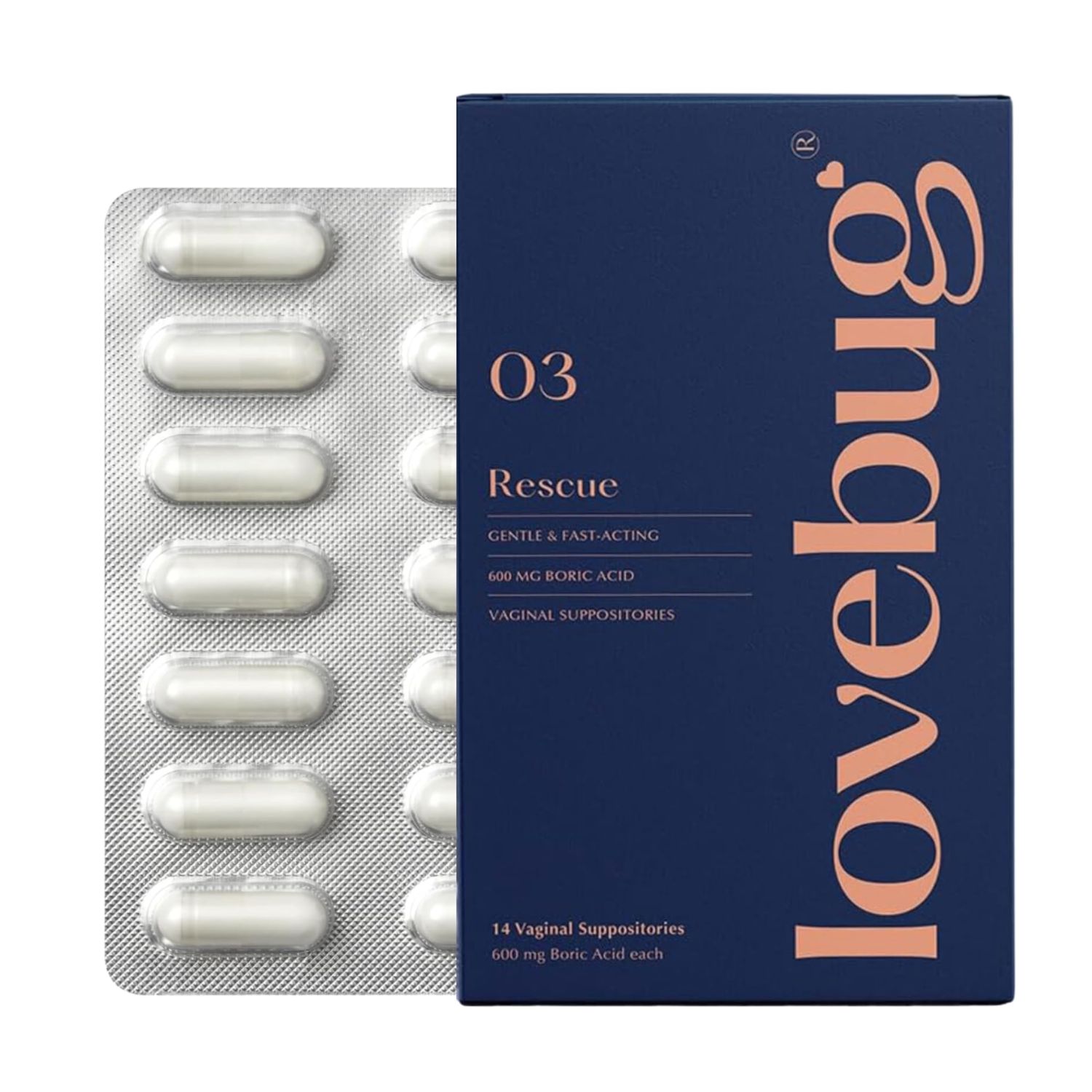 LoveBug Women&#39;s Health Rescue Vaginal Boric Acid Suppositories for Women - Fast Acting Suppository for Odor, Discharge, Yeast, and pH Balance with Coconut Oil, Hyaluronic Acid Vitamin E, 14 ct