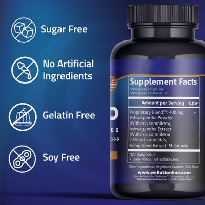 WELLUTION Hemp Oil Capsules - 120 Count - Stress Sleep Support with Ashwagandha Melatonin - Made in USA