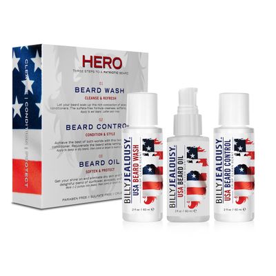 Billy Jealousy USA Hero Kit with USA Beard Wash, Hydrating Leave-In Conditioner, and Oil to Cleanse, Nourish, Soften Strengthen your Facial Hair, Relieves Itch and Flakes