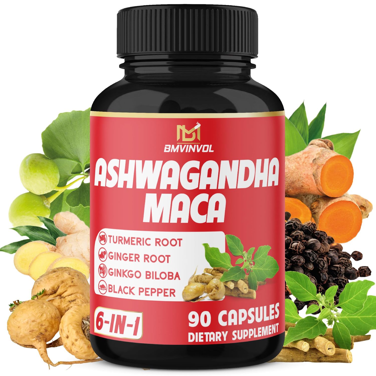 Ashwagandha Maca Root with Turmeric, Ginger, Ginkgo Biloba, Black Pepper - 90 Count - 3 Month Supply