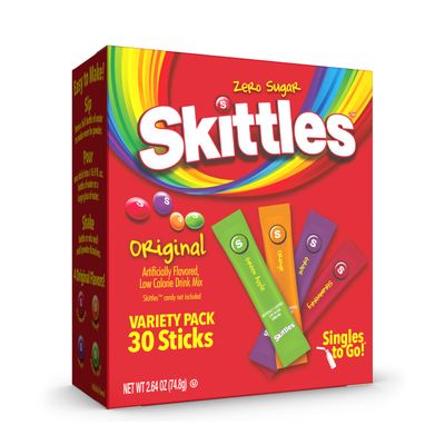 Skittles Singles To Go Variety Pack, Powdered Drink Mix, Zero Sugar, Low Calorie, Includes 4 Flavors: Green Apple, Strawberry, Grape, Orange, 1 Box (30 Single Servings)
